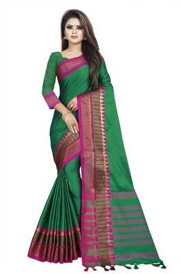 Green plain cotton saree with blouse 1