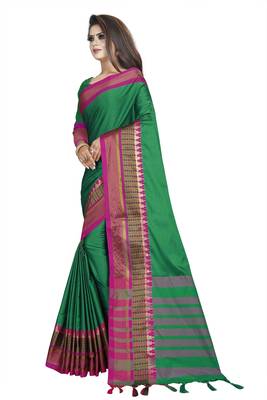 Green plain cotton saree with blouse 2