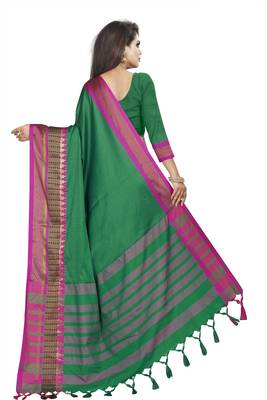 Green plain cotton saree with blouse 3