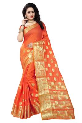 Orange woven cotton saree with blouse 1