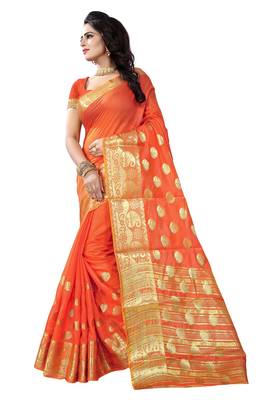 Orange woven cotton saree with blouse 2
