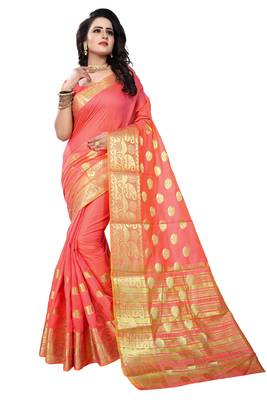Peach woven cotton saree with blouse 1