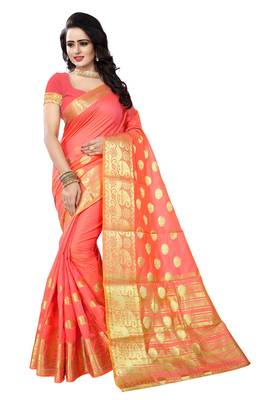 Peach woven cotton saree with blouse 2