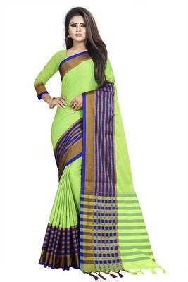 Parrot green plain cotton saree with blouse 1