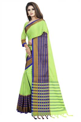 Parrot green plain cotton saree with blouse 2
