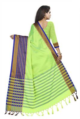 Parrot green plain cotton saree with blouse 3