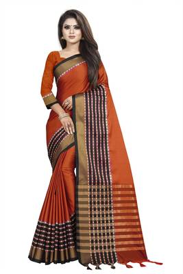 Red plain cotton saree with blouse 1