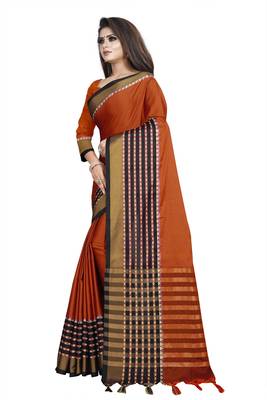 Red plain cotton saree with blouse 2