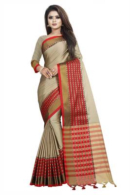 Cream plain cotton saree with blouse 1