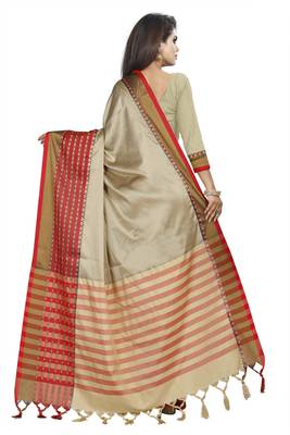 Cream plain cotton saree with blouse 3