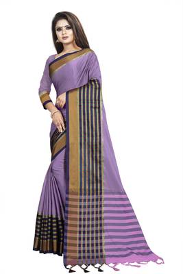 Light purple plain cotton saree with blouse 2