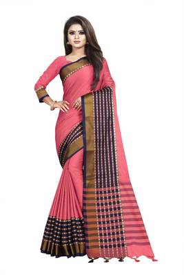 Light pink plain cotton saree with blouse 1