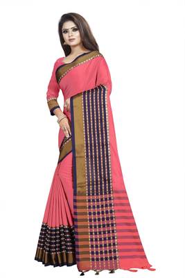 Light pink plain cotton saree with blouse 2