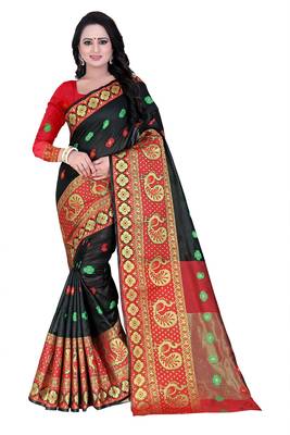 Black woven cotton saree with blouse 1