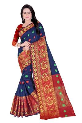 blue woven cotton saree with blouse 1