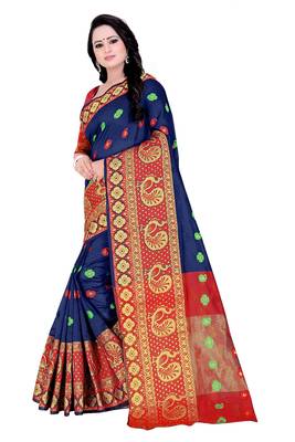 blue woven cotton saree with blouse 2