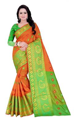 Orange woven cotton saree with blouse 1