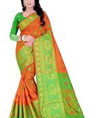 Orange woven cotton saree with blouse