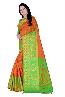 Orange woven cotton saree with blouse 2