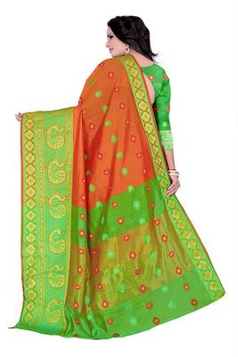 Orange woven cotton saree with blouse 3