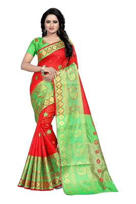 red woven cotton saree with blouse 1