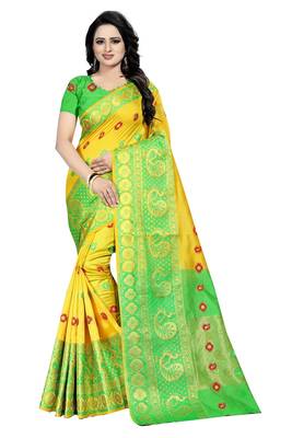 Yellow Weaving Embroidered Cotton Silk Saree With Blouse 1