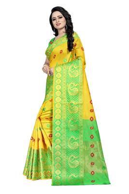 Yellow Weaving Embroidered Cotton Silk Saree With Blouse 2