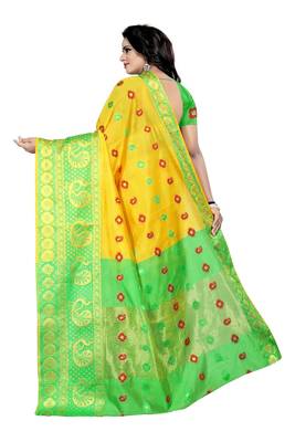 Yellow Weaving Embroidered Cotton Silk Saree With Blouse 3