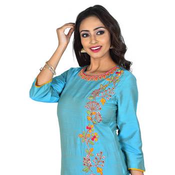 Blue embroidered silk ethnic-kurtis 4