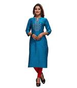 Blue embroidered jacquard ethnic-kurtis