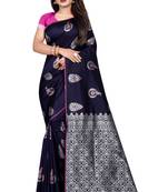 Dark blue printed jacquard saree with blouse