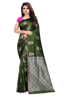 Green printed jacquard saree with blouse 1