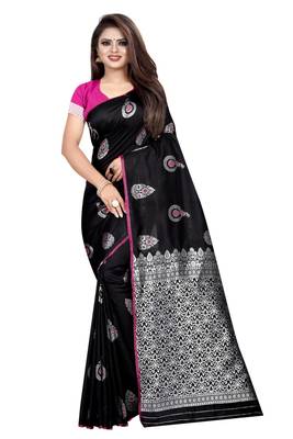 Black printed jacquard saree with blouse 1