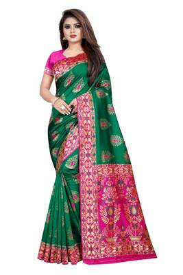 Green printed jacquard saree with blouse 1