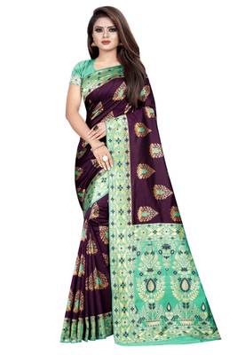 Purple printed jacquard saree with blouse 1