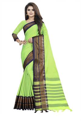 Dark parrot green plain cotton saree with blouse 1
