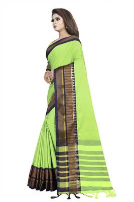 Dark parrot green plain cotton saree with blouse 2