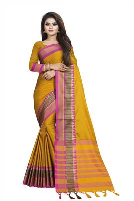 Mustard plain cotton saree with blouse 1