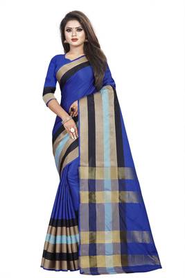 Blue plain cotton saree with blouse 1