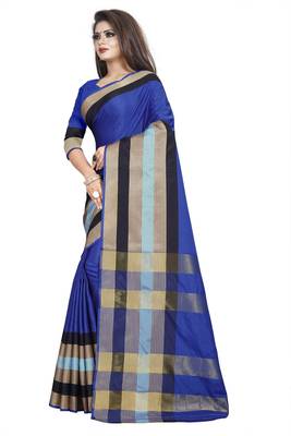 Blue plain cotton saree with blouse 3