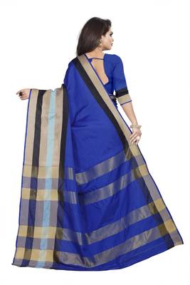Blue plain cotton saree with blouse 4