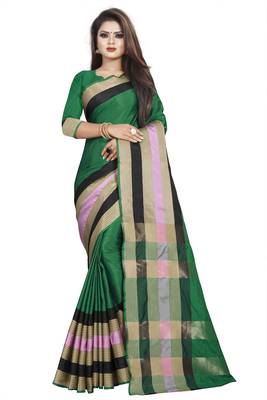 Green plain cotton saree with blouse 1