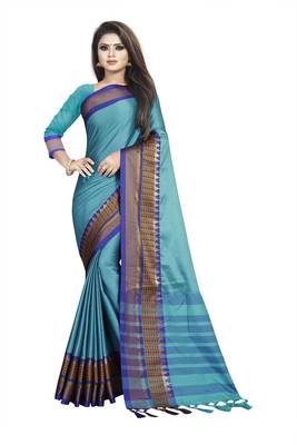 Sky blue plain cotton saree with blouse 1