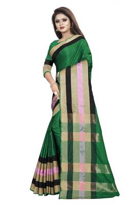Green plain cotton saree with blouse 2