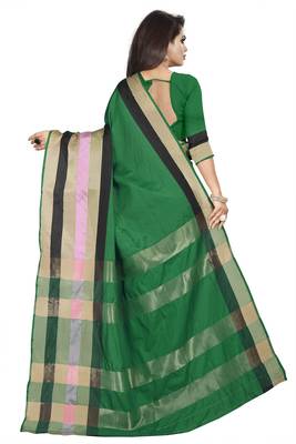 Green plain cotton saree with blouse 3