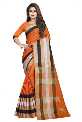 Orange plain cotton saree with blouse 1