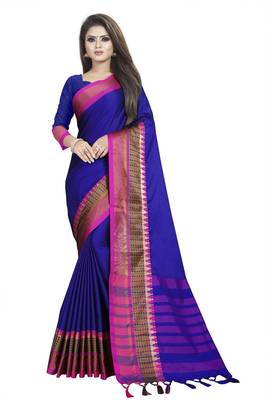 Blue plain cotton saree with blouse 1
