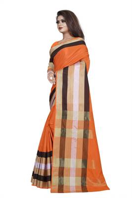 Orange plain cotton saree with blouse 2