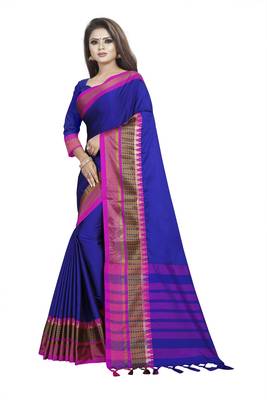 Blue plain cotton saree with blouse 2