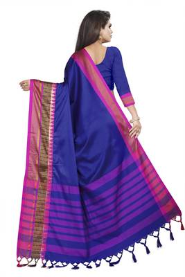 Blue plain cotton saree with blouse 3